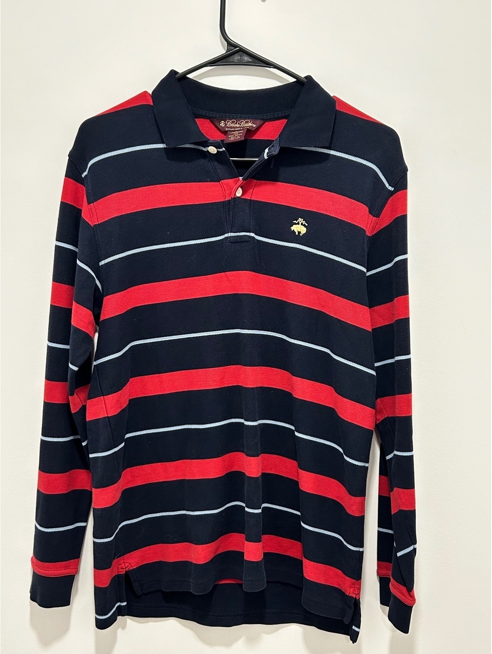 Brooks Brothers Performance Knit Long Sleeve Polo Shirt - Navy and Red Stripes